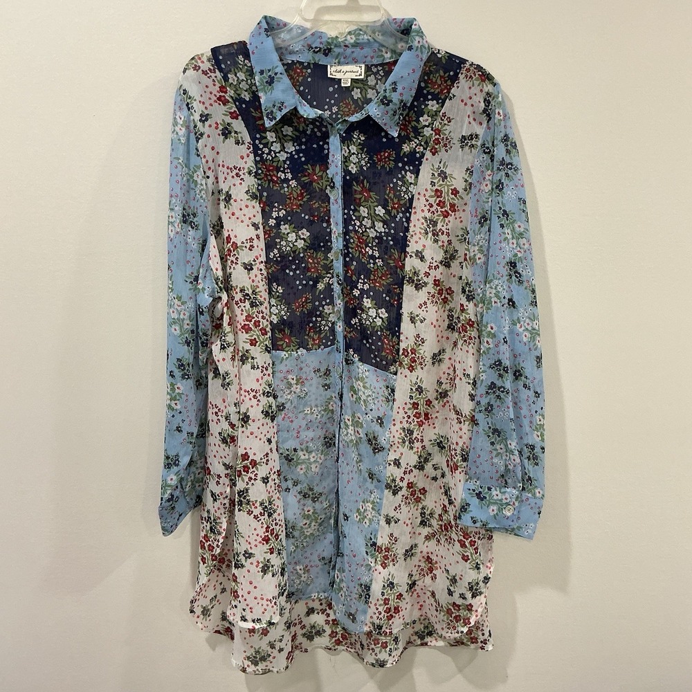 Women's Size 2X Tunic Length Blouse Top Sheer Floral Patchwork Cottagecore Boho